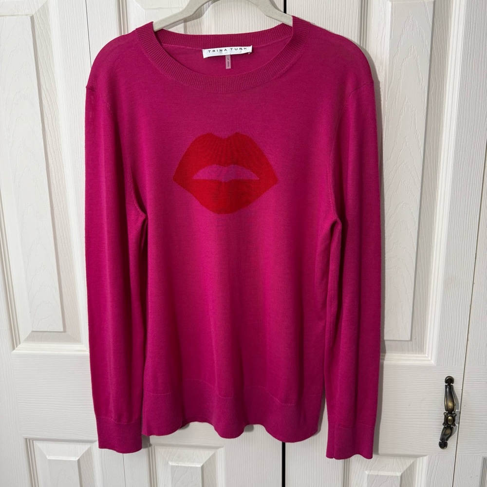 Trina Turk Magenta Merino Wool Lip Print Sweater Womens Size Large